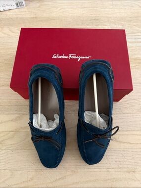 Salvatore Ferragamo Navy Suede Driving Moccasins with Brown Leather Trim